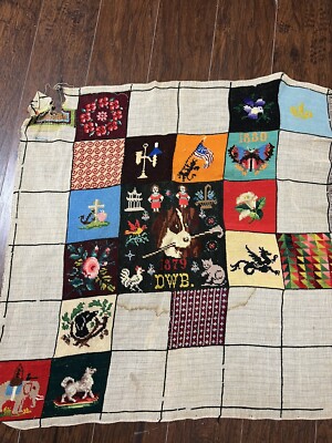 antique needlepoint sampler 1879 dog cat animal needlework