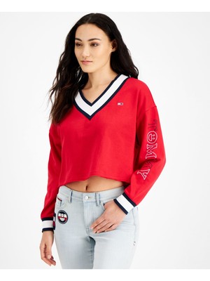 TOMMY JEANS Женский красный укороченный топ в рубчик с длинным рукавом и V-образным вырезом, свитер L