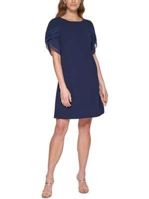 

DKNY Женское темно-синее платье прямого кроя без подкладки с шифоновой отделкой и рукавом C-пуфом, Navy