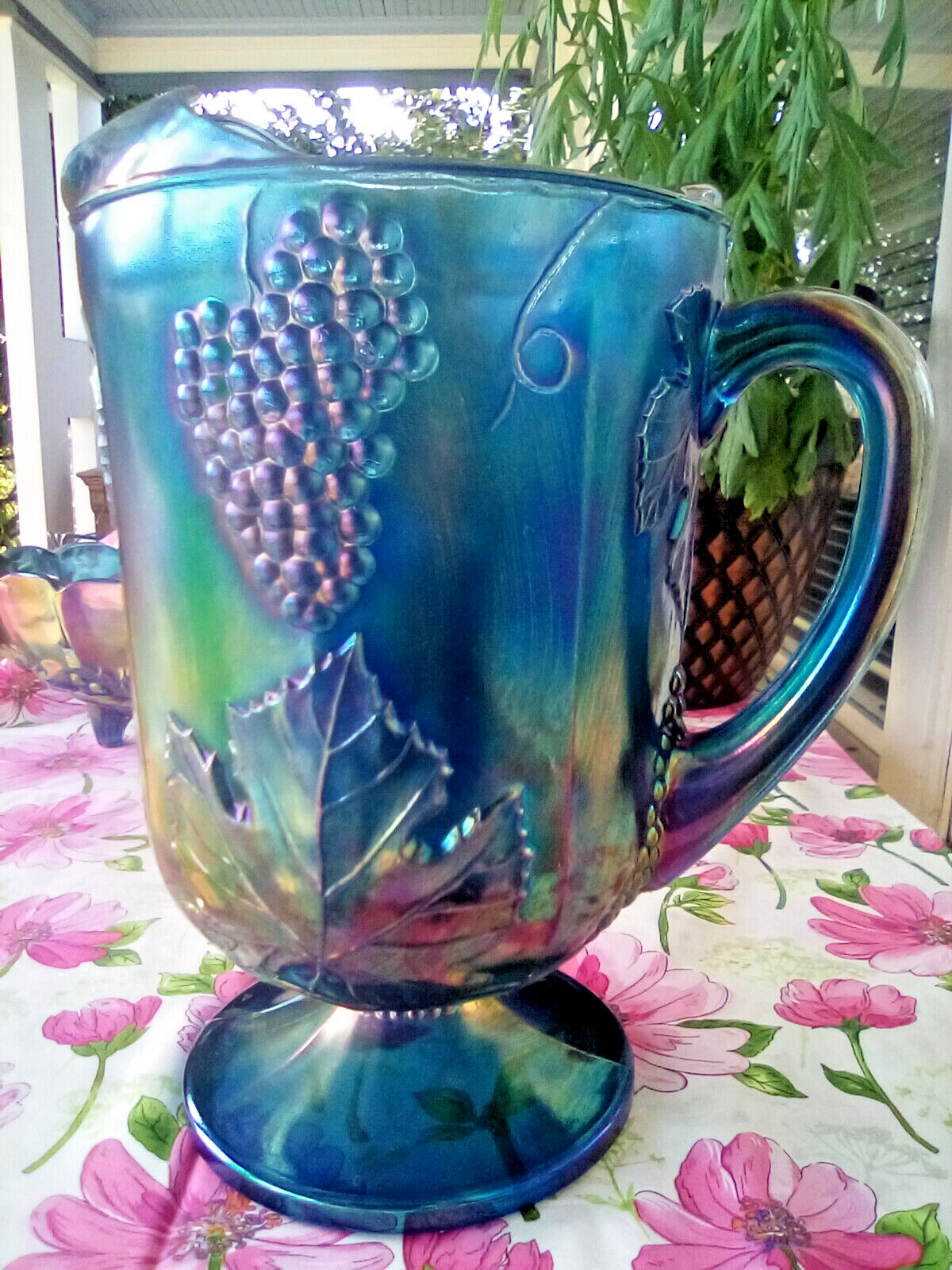 Vintage Indiana Iridescent Blue Carnival Glass Pitcher Harvest