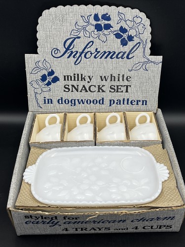 Hazel Atlas Milky White Glass Snack Set, Dogwood Pattern 4