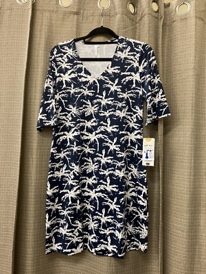 Lulu B Navy Palm Tree Printed Dress w/ V-neck And UPF 50+ Size Small