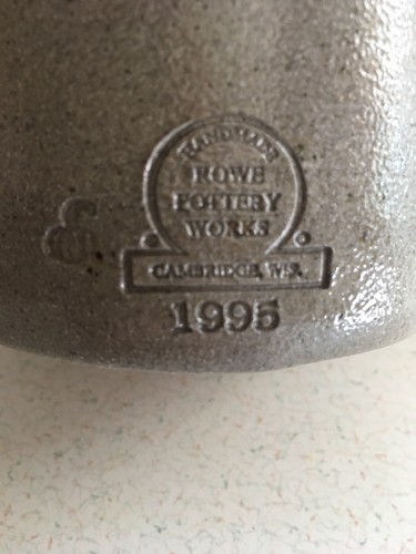 4” Rowe Pottery Salt Glaze Handled Crock with 3 Cobalt Stars, 1995 Nice!