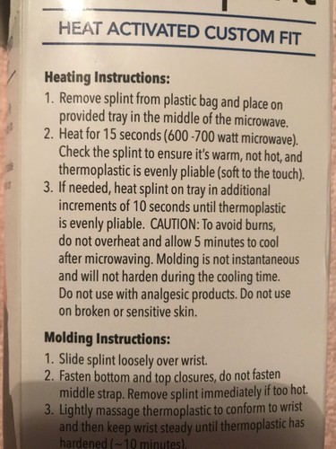 MY SPLINT WRIST SPLINT HEAT ACTIVATED CUSTOM FIT MOLDS TO YOUR WRIST ONE SIZE