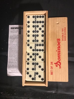 Double Six Dominoes Game Set of 28 Tiles w/ Pins in Wooden Box New and Sealed