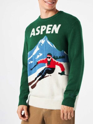 Pre-owned Mc2 Saint Barth Man Sweater Aspen Vintage Postcard Print In Green