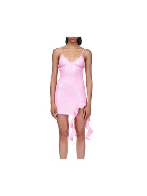 Женское вечернее мини-платье-футляр DAVID KOMA с розовой отделкой по подолу на бретельках-спагетти 10