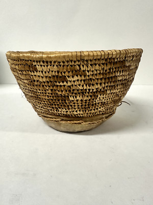 Vintage Hand Woven Reed Basket with Tanned Cowhide Bottom 4''