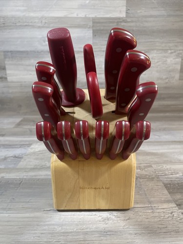 KitchenAid 13 Piece Knife Red With Wood Block Sharpening Rod Scissors