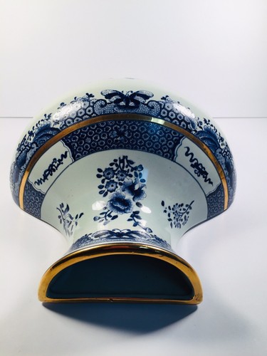 Vintage Large Porcelain Blue White Gold  Half Urn Wall Pocket Vase Floral