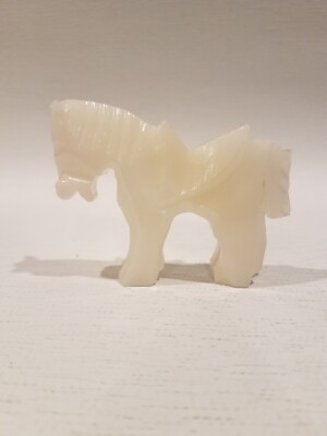 3 1/2 Inch Long 3 Inch Tall Vintage Hand Carved White Onyx Stone Horse Figurine