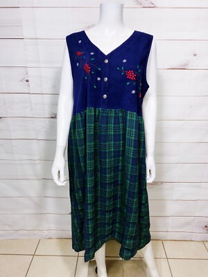 Bobbie Brooks Womens Dress Size XL Blue & Green V-Neck Embroidered Sleeveless