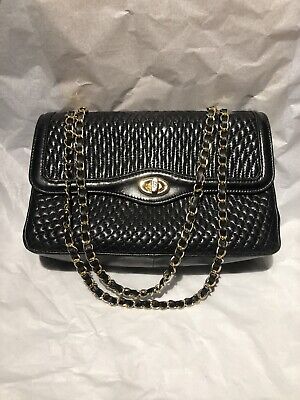 Vintage Bally Quilted Black Leather Bag Brass Double Chain 