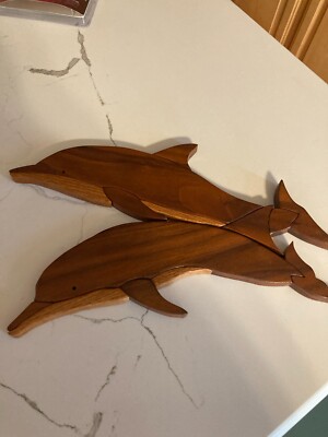 Thee toned wooden Flat 2-D Wood Dolphins Wall Hanging Sculpture Nautical   EUC
