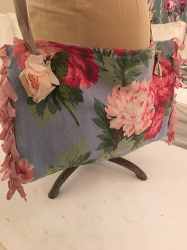 Vintage Barkcloth Handbag Shabby Cross Body Purse Tote Blue Nubby Pink Floral