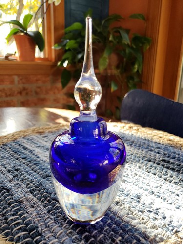 Vintage Vandermark Perfume Bottle Hand Blown Cobalt Clear Glass Stopper Signed
