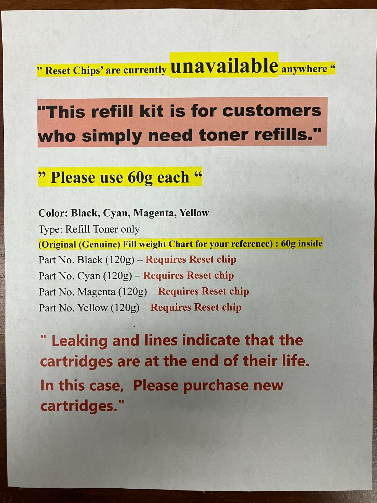 (120g x 4) Toner Refill ONLY for Lexmark C3224, C3326, CS331, CS431, CX331 CX431