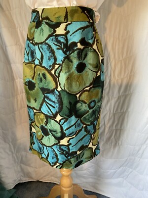 Clements Ribeiro Green Floral Linen Pencil Skirt Size 10 Waist 30  Length 23 