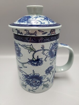 Wan Yang Chinese 3 Piece Tea Cup Infuser Lid Blue Peony Excellent Cond 10 oz