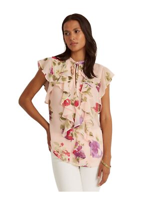 

LAUREN RALPH LAUREN Женский розовый топ с развевающимися рукавами и завязками на шее для работы, размер