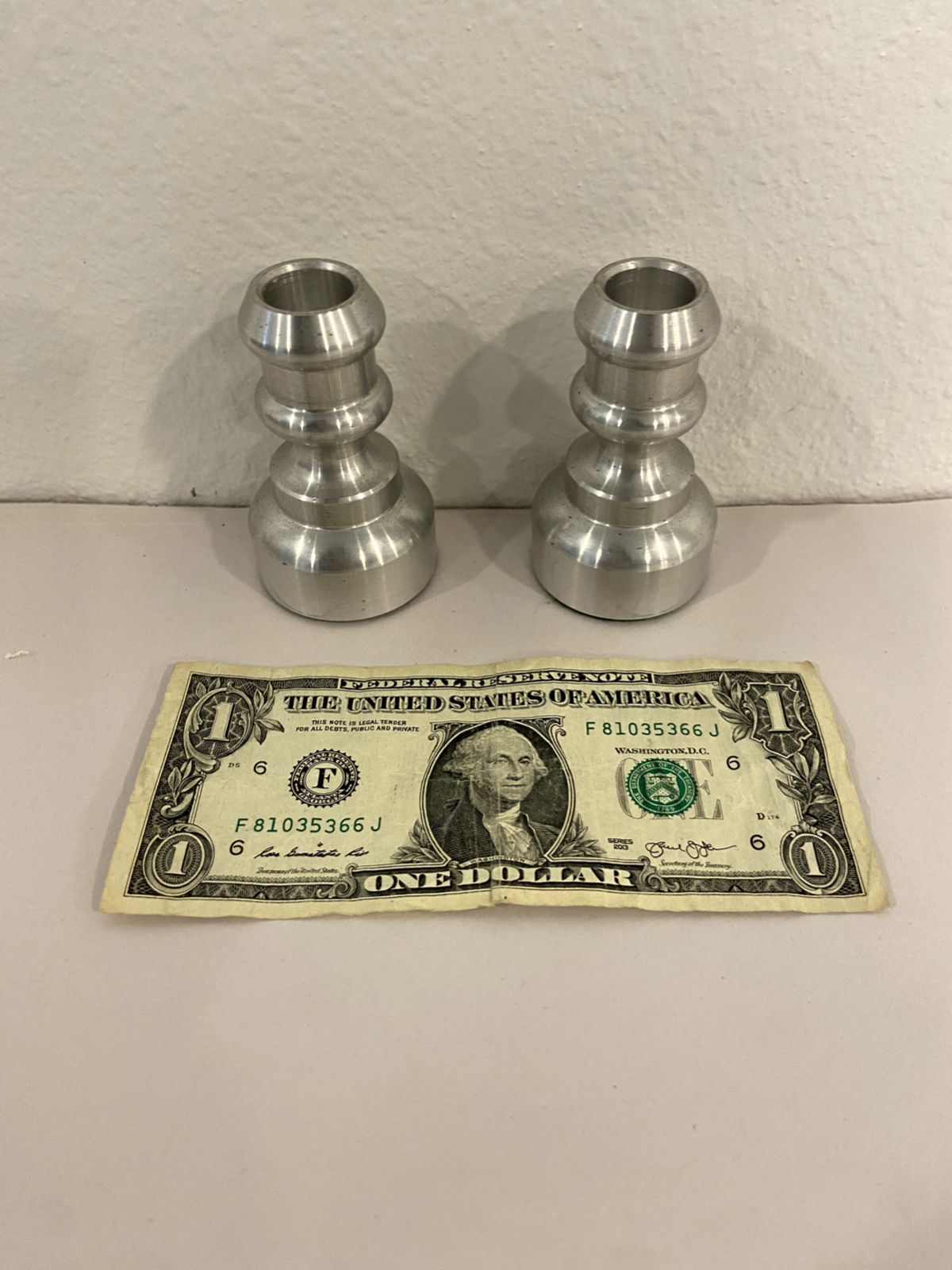 Brushed Nickel? Aluminum? Metal? Art Deco Taper Candlesticks 3 inch