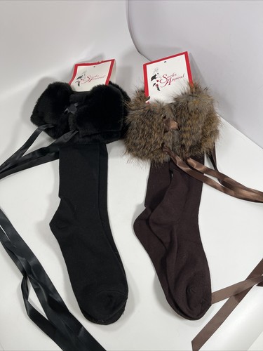 Faux Fur Top Ribbon Tie Boot Welly Long Black & Brown One Size