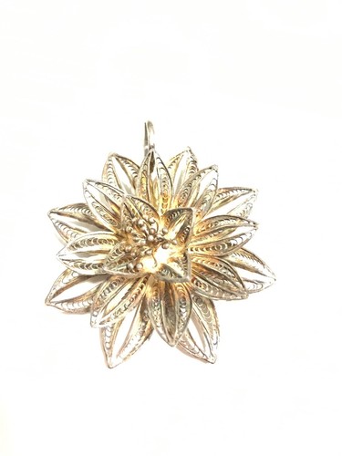 Large Vintage Silver 3-D Filigree Flower Charm or Pendant