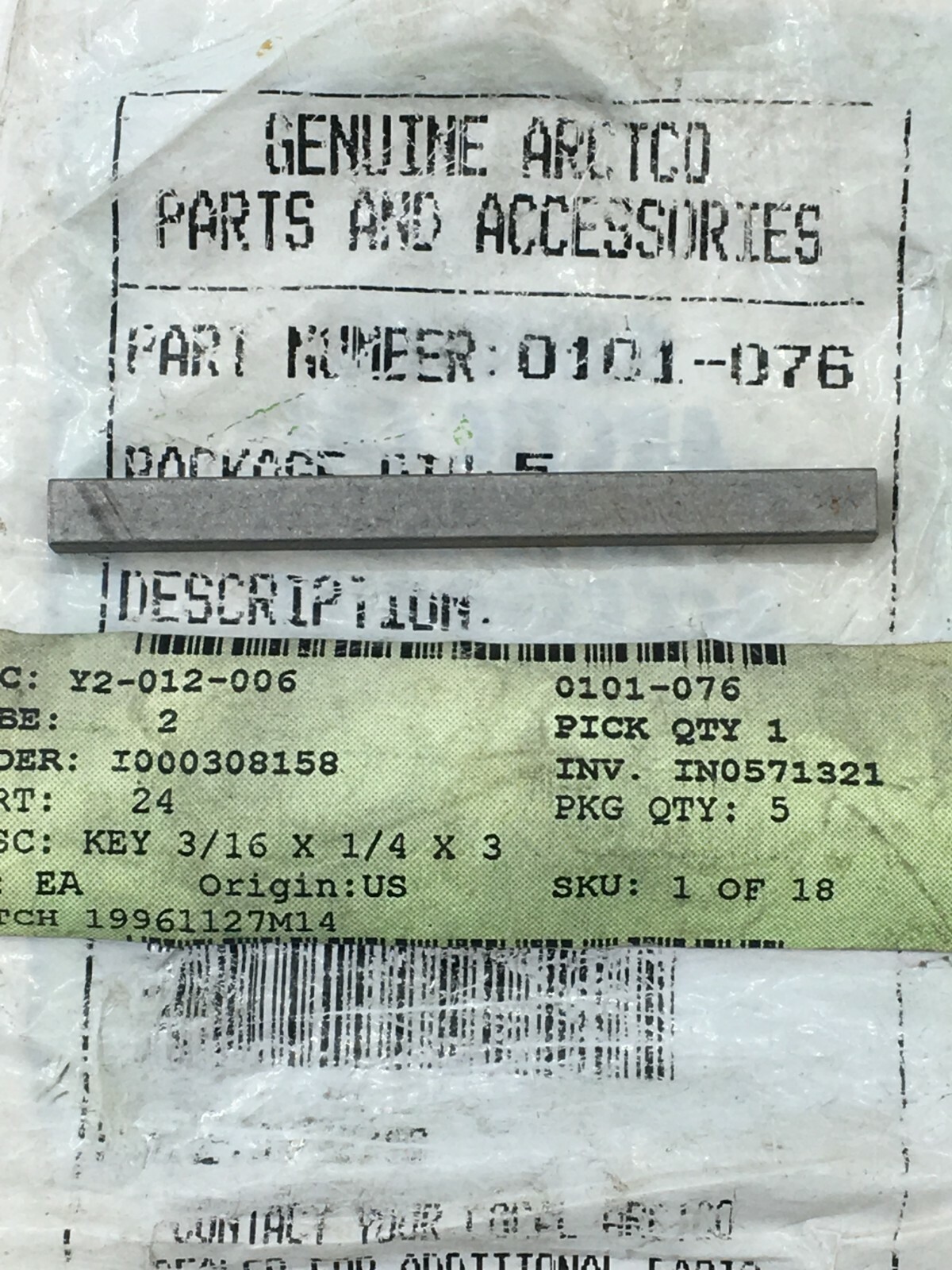 GENUINE ARCTIC CAT 0101-076 SNOWMOBILE KEY 3/16