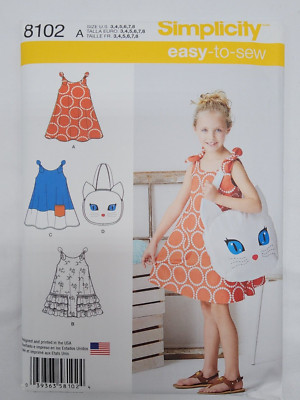 Simplicity 8102 Child's Sz 3 to 8 Sundress+ Kitty Tote Bag Girls Easy-To-Sew New