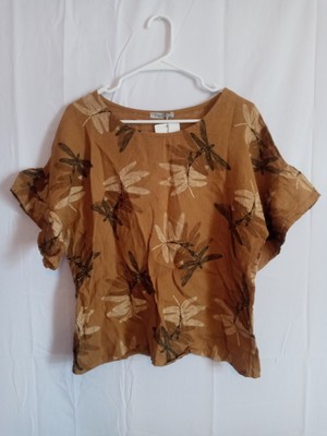 Elena Baldi Shirt Womens Medium Linen Floral Ruffled Dragonfly Boho Lagen Top 