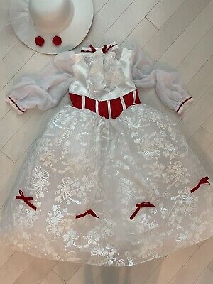Disney Parks Mary Poppins Jolly Holiday Lace Dress Costume w/ Hat Girls Kids 7-8
