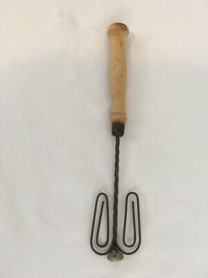 Antique Vtg Wood Handle Hand Push Drive Kitchen Mixer Tool