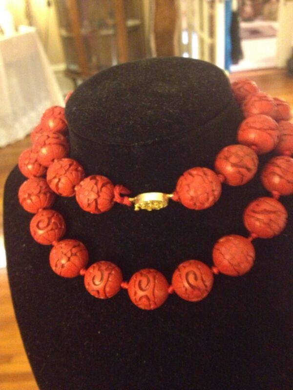 Antique Asian Carved Cinnabar Necklace & Vermeil, Hand-Knotted & Fabulous!