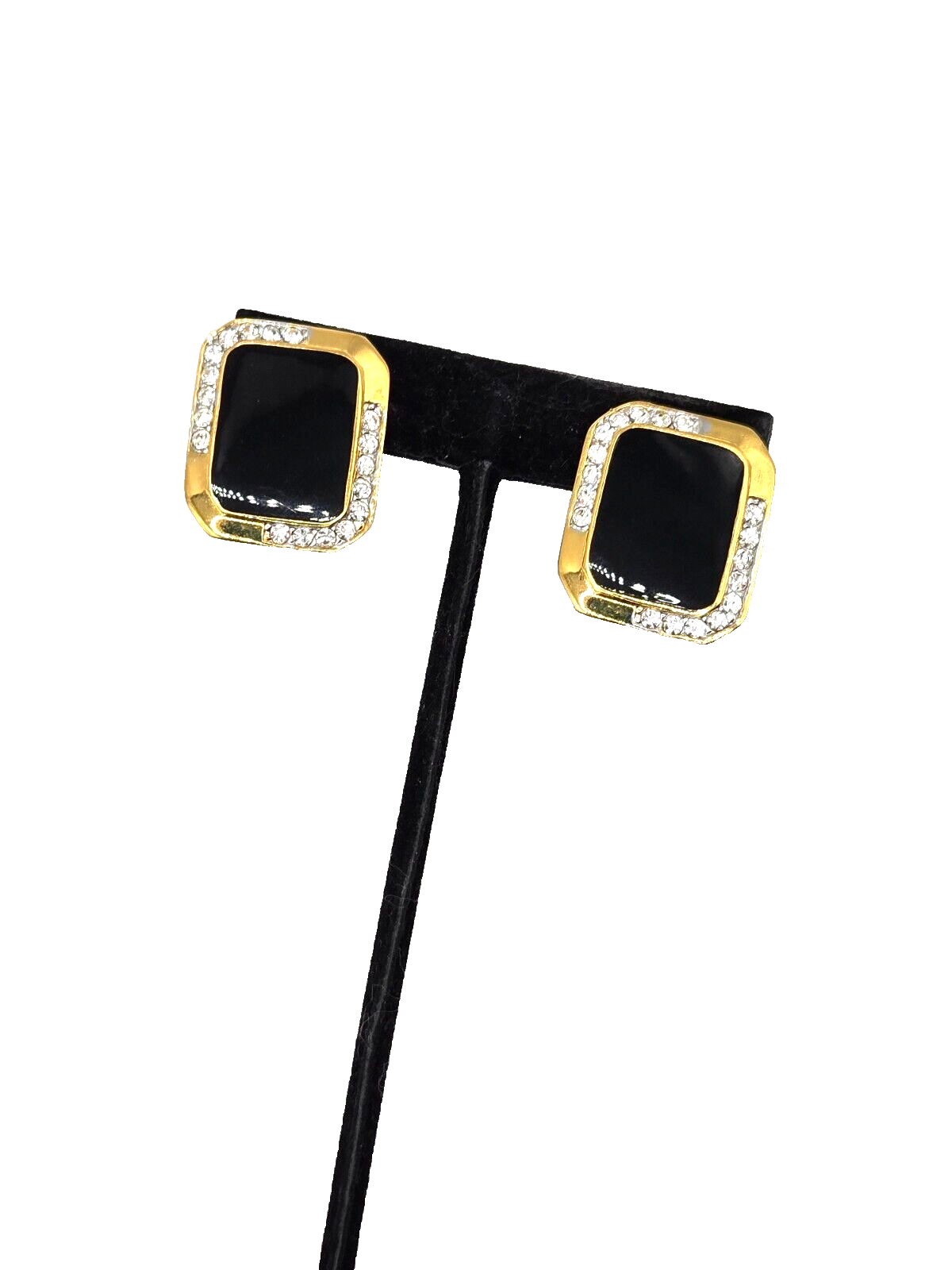 EVCO Vintage 60s Gold and Black with Rhinestone Classic Clip Signed Earrings