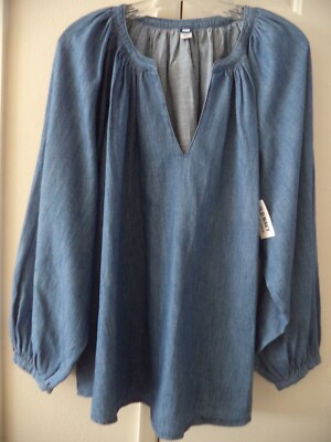 Old Navy Medium Wash Blue Light Weight Denim Jean Split V Top L 12 14 16 Large