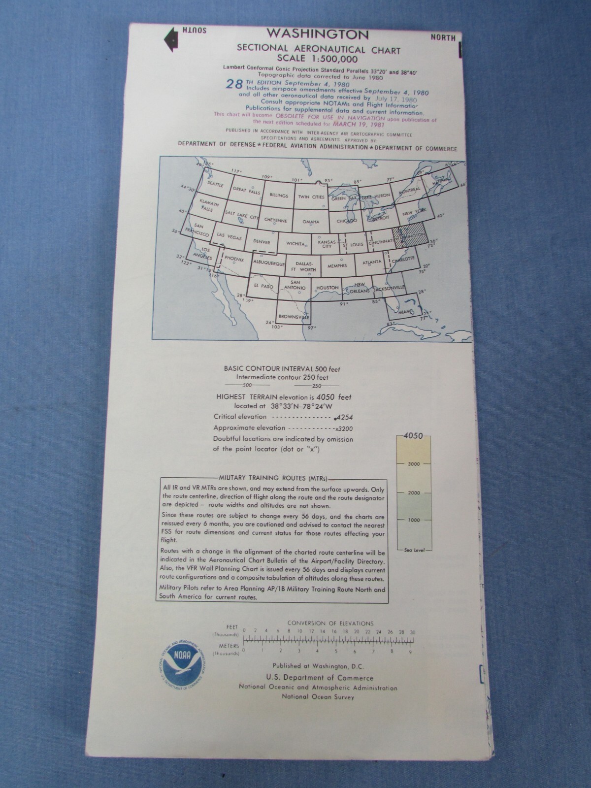Vintage aeronautical sectional chart, 1980 WASHINGTON pilot