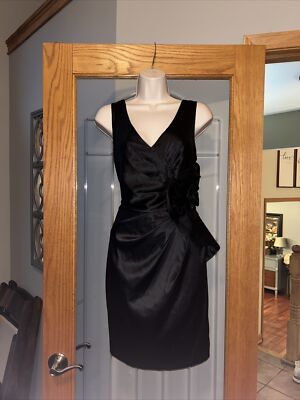 Max And Cleo Sz 6 Black Satin Formal Cocktail Dress Rouched Flower