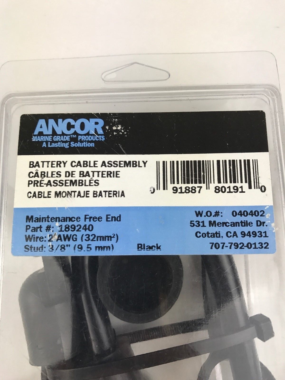 189240 - Ancor Battery Cable Assembly, 2 AWG (32mm) Wire, 3/8