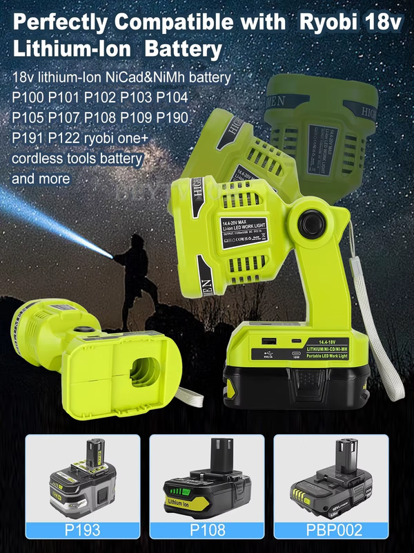1120LM Portable LED Flashlight for Ryobi 18V Battery with USB-A/C 2.1A Fast Char