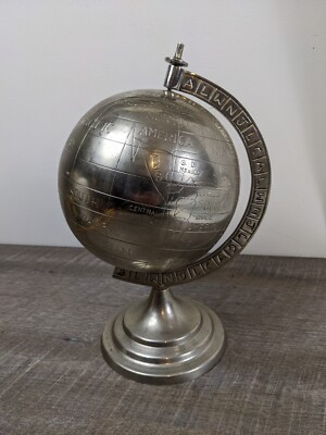 Decorative Rotating Globe Silver Metal Desk 13in Tall Map World Earth