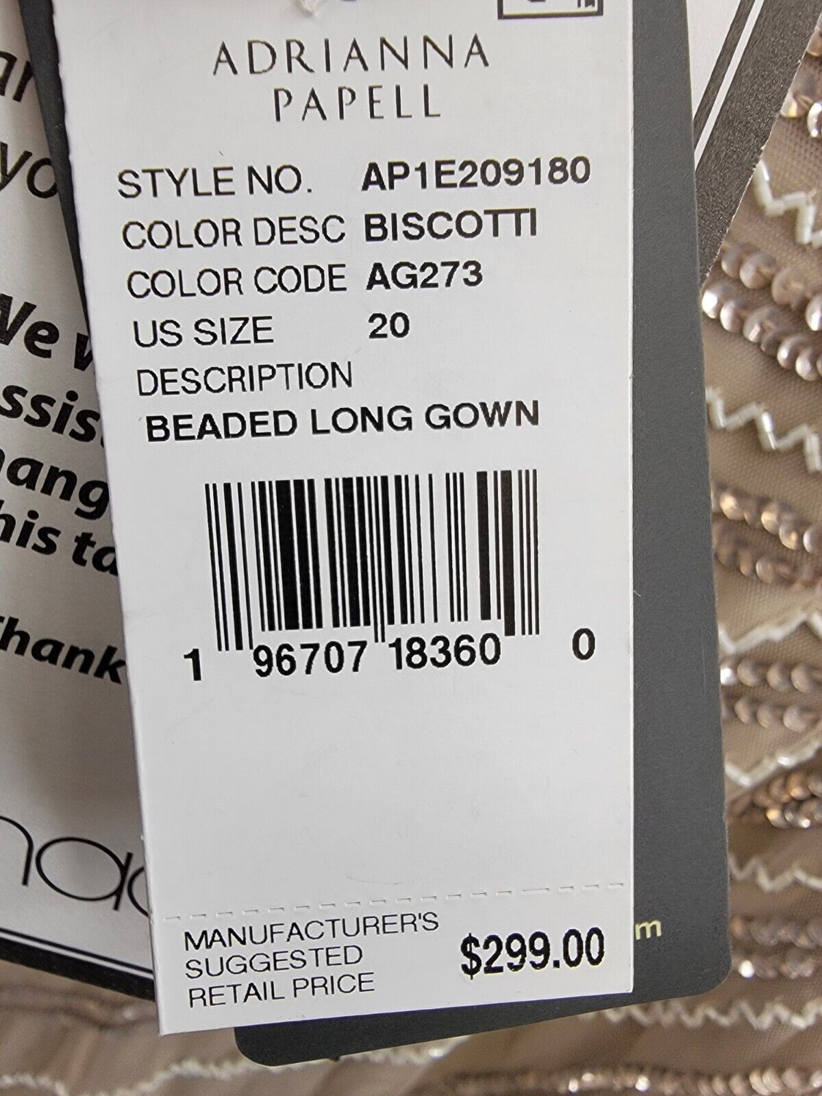 Adrianna Papell Hand-Beaded Three-Quarter Sleeve Long Gown Women's 20 Biscotti - Picture 18 of 18