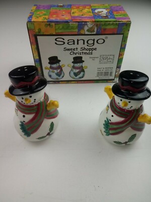 Sango Sweet Shoppe Christmas Snowman Salt Pepper Shakers & Stoppers Sue Zipkin