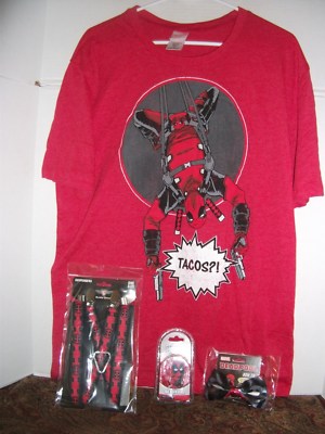 DEADPOOL LOT~T-SHIRT~SCALER~BOWTIE~SUSPENDERS~HANGEM COLLECTIBLE~NECA~NERD BLOCK