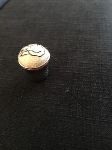 Vintage Silver Plate Thimble With Needle Point Cat Pink Mouth One Of Kind