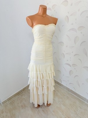 Cream Strapless Ruched Ruffle Maxi Dress Layered Skirt Size S EU 36