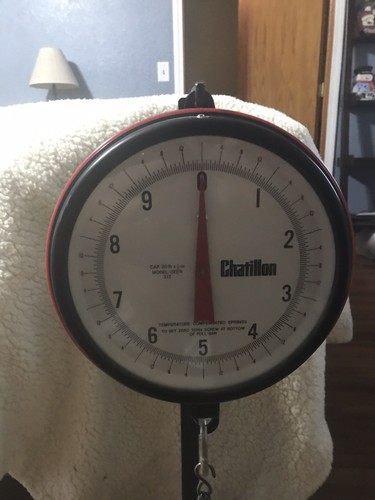 Vintage Red Hanging Scale CHATILLON 20 lb., Glass Front Face, Tin Tray, Stand