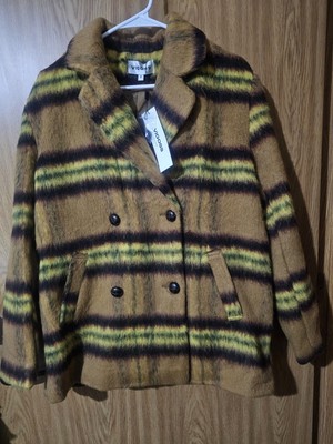 Vigoss Pea Coat, Double Breasted Jacket, Brown Yellow Plaid, Lined, Size S