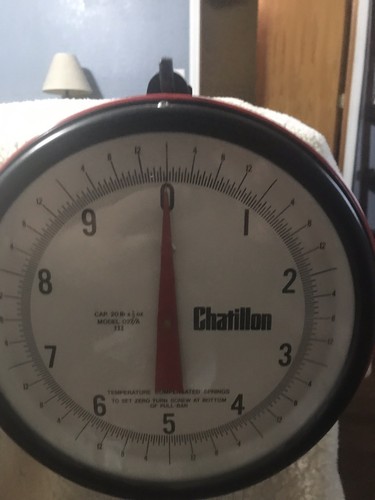 Vintage Red Hanging Scale CHATILLON 20 lb., Glass Front Face, Tin Tray, Stand