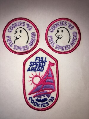 Girl Scout Patch Full Speed Ahead Cookies  93 Pink White 2Pink Boarder With Seal