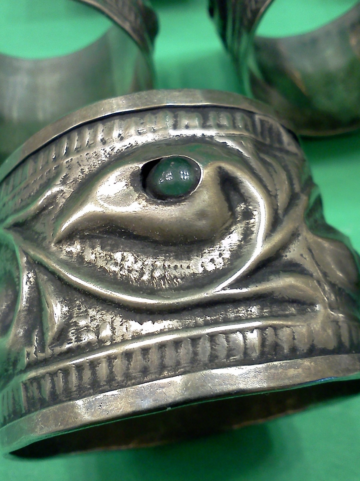 RARE ANTIQUE ART NOUVEAU NAPKIN RINGS With Green Stones Silver or Silverplated